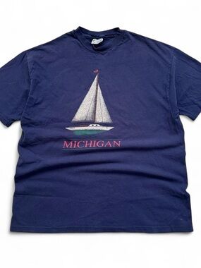 Vintage 1990s Michigan Sailboat Graphic T-Shirt - Navy XL